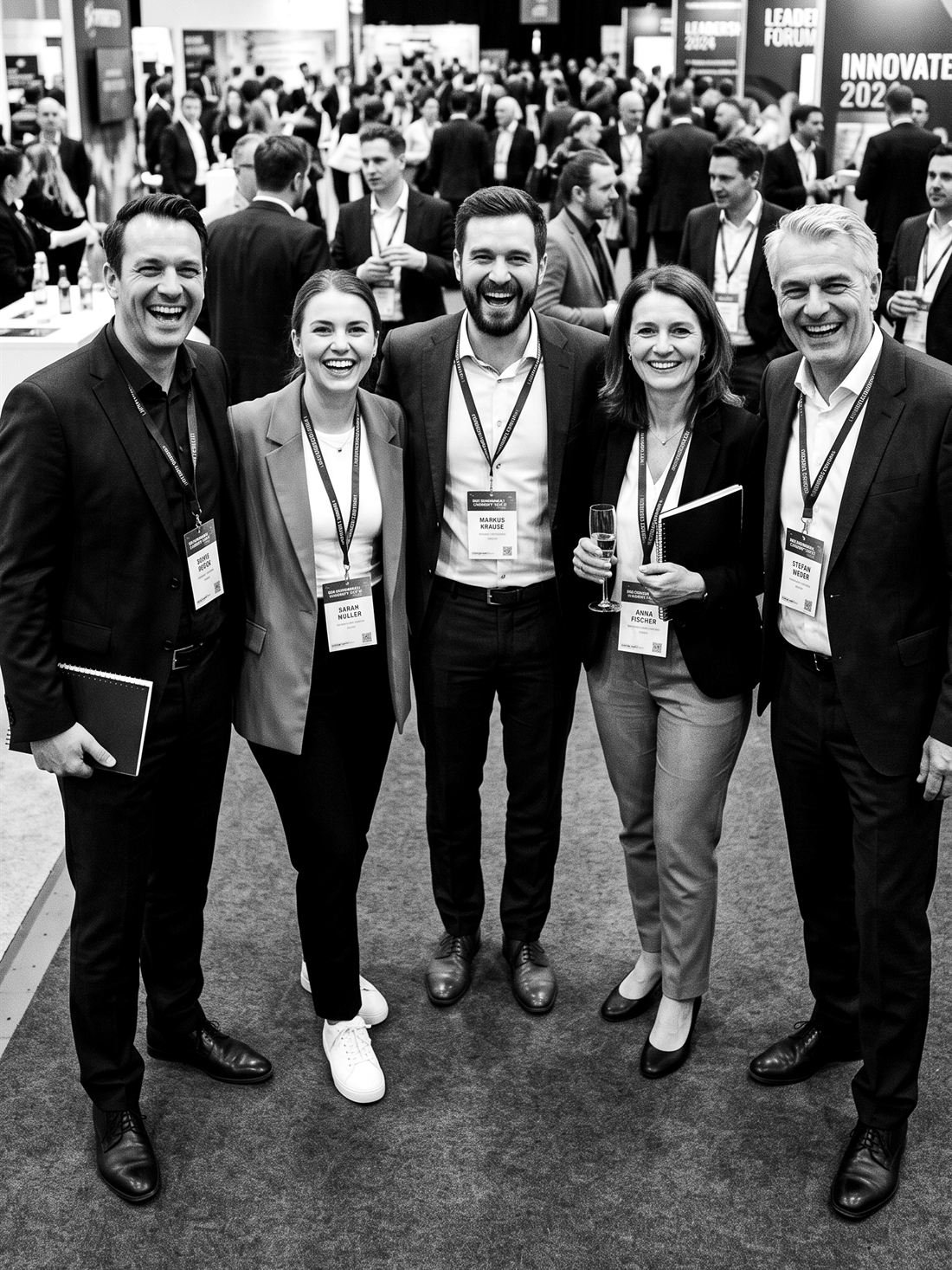 Fünf Kolleginnen und Kollegen mit Namensschildern lachen gemeinsam in einer Messehalle, Schwarz-Weiß