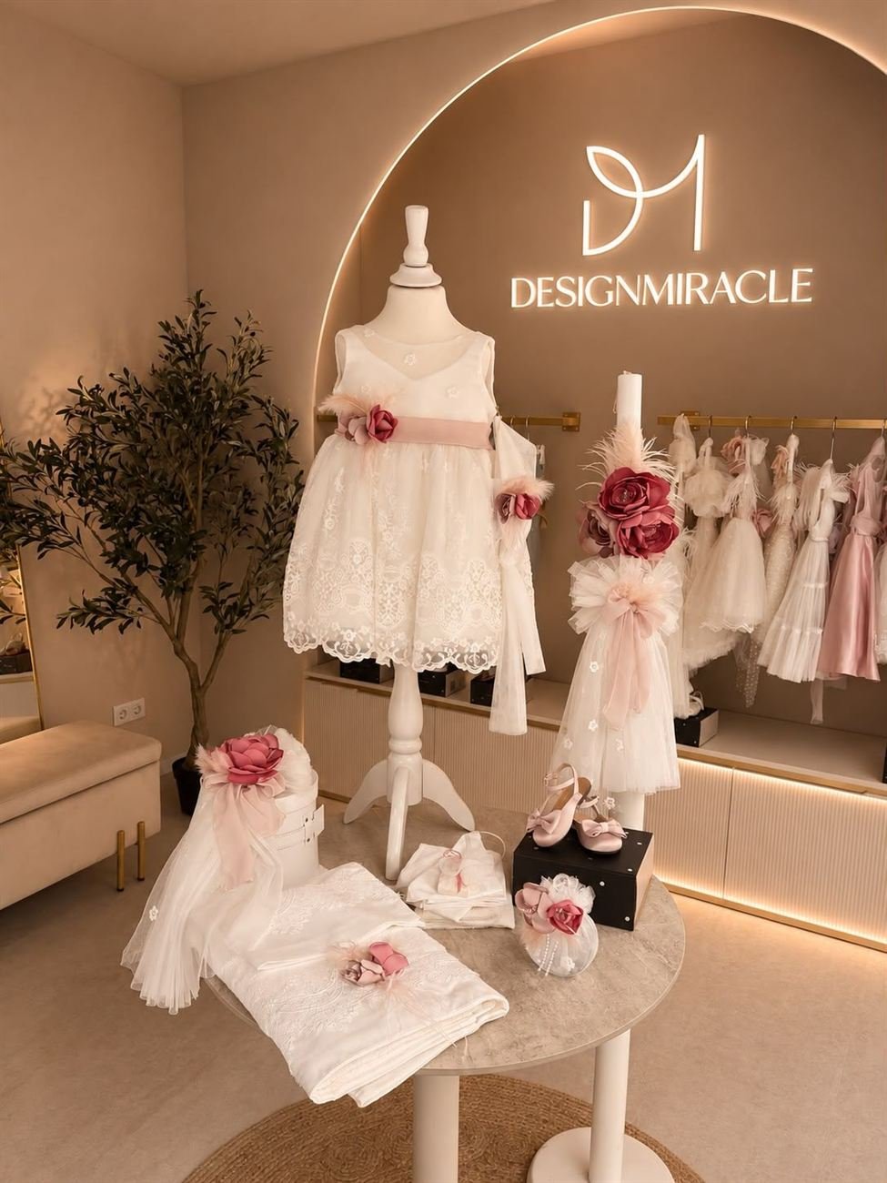 Atelier von Design Miracle mit Taufkleid, Taufkerze und beleuchtetem Logo